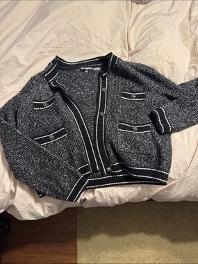 Karl Lagerfeld Black & White Tweed-Style Button Cardigan
